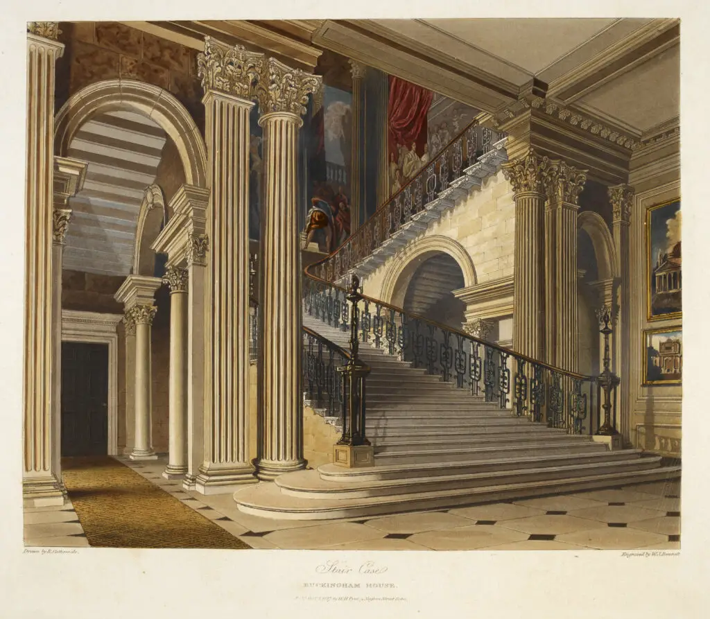 Las escaleras del Palacio de Buckingham, arquitectura ilustrada en la Historia de las Residencias Reales.